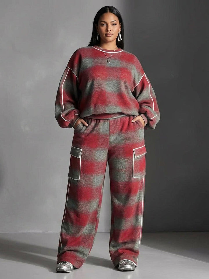 Rød og Grå Tjekket Farveblokket Sweatshirt og Casual Bukser To-Delt Sæt