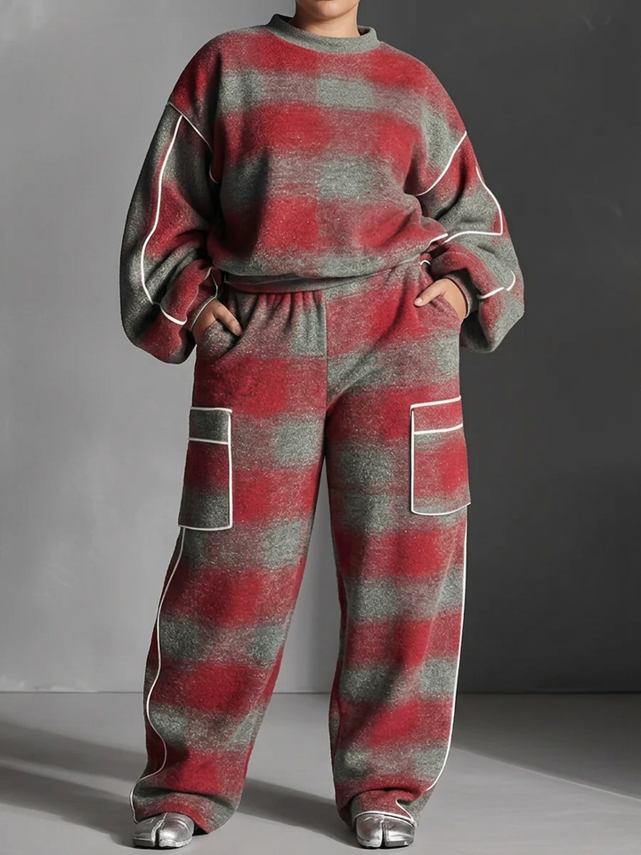 Rød og Grå Tjekket Farveblokket Sweatshirt og Casual Bukser To-Delt Sæt