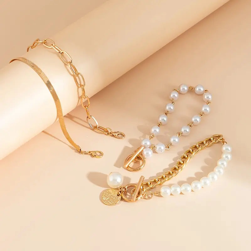 Fauna Gold 4-delt Armbåndsæt - Slange, Perler &amp; Links | Guld