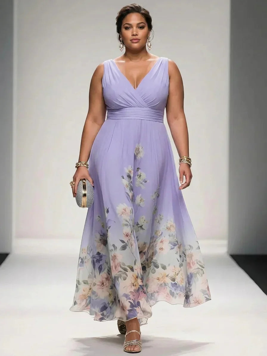 Salma | Lyseblå Blomster Chiffon V-Hals Maxi Kjole