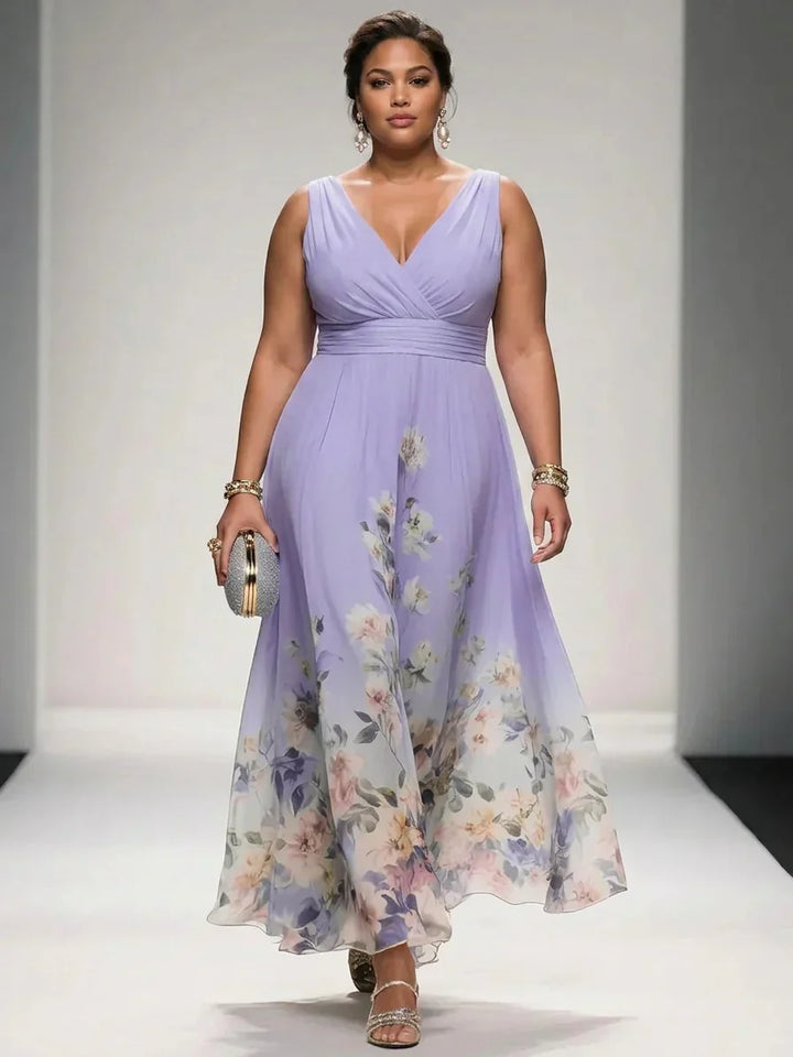 Salma | Lyseblå Blomster Chiffon V-Hals Maxi Kjole