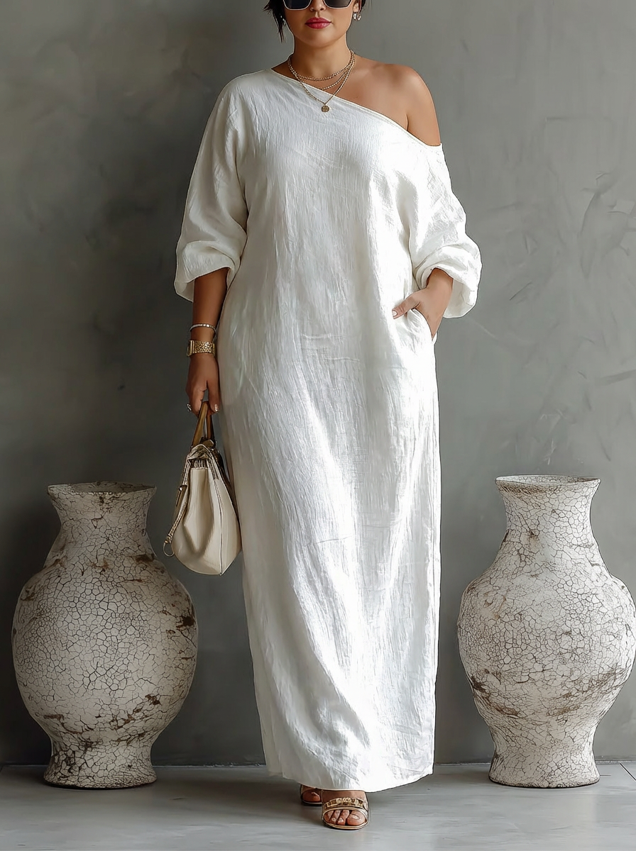 Elegant Flydende Kjole i Elfenben Hvid med Off-Shoulder