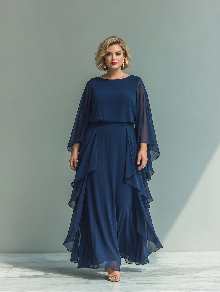 Navy Blue Chiffon Top Sæt med Flared Ærmer og Lige Ben Bukser med Ruché Detaljer