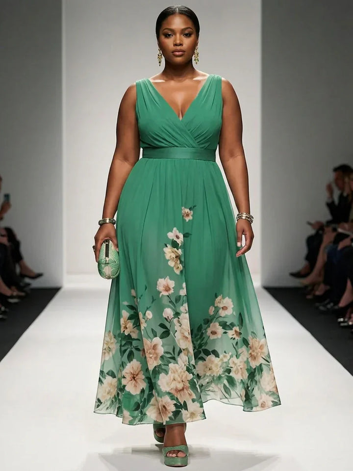 Salma | Lyseblå Blomster Chiffon V-Hals Maxi Kjole