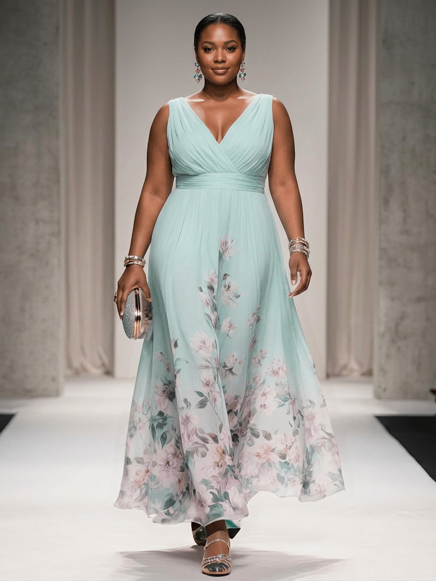 Salma | Lyseblå Blomster Chiffon V-Hals Maxi Kjole