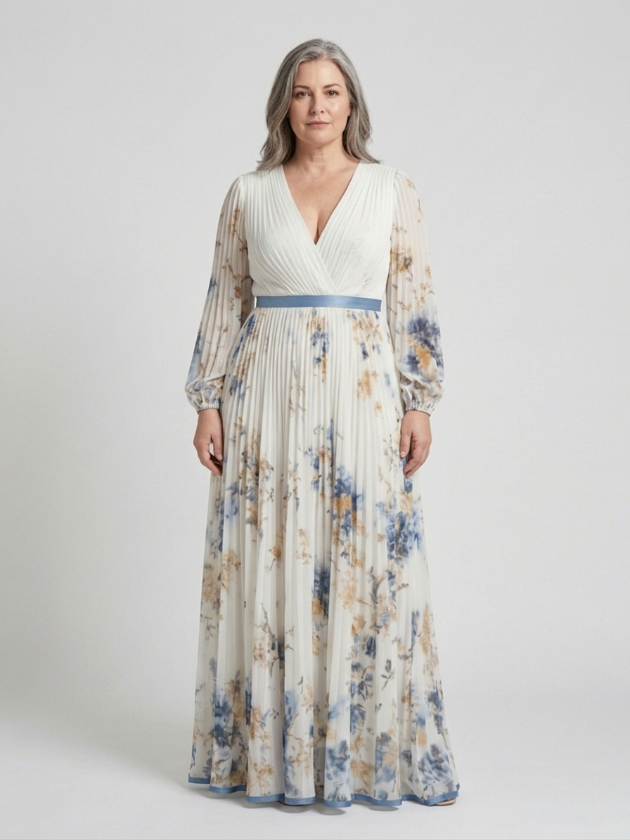 Nadia | Langærmet V-hals Blomster Maxi Kjole