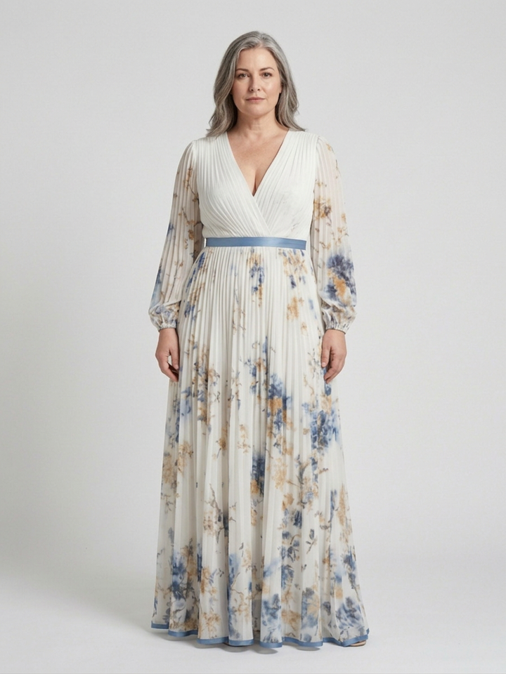 Nadia | Langærmet V-hals Blomster Maxi Kjole