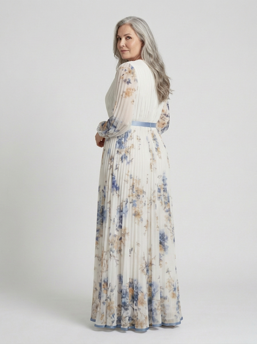 Nadia | Langærmet V-hals Blomster Maxi Kjole