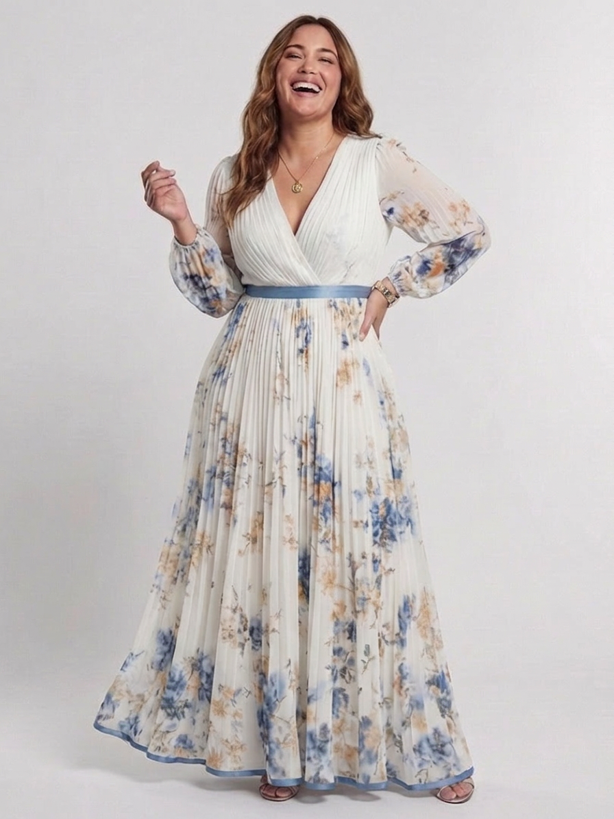 Nadia | Langærmet V-hals Blomster Maxi Kjole