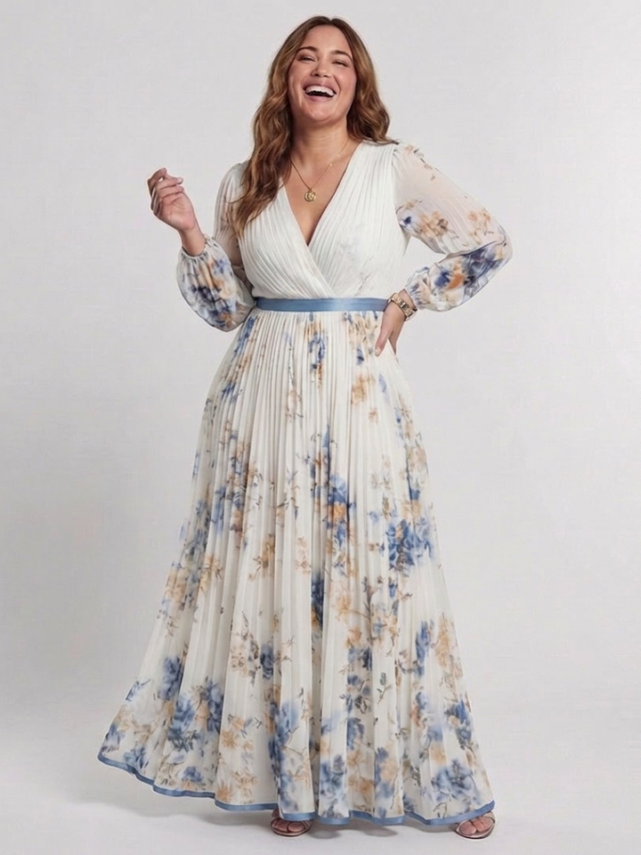 Nadia | Langærmet V-hals Blomster Maxi Kjole