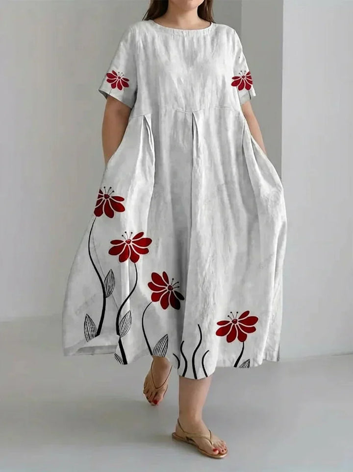 Oleander | Retro Botanisk Blomsterdesign Trykt Casual Løs Kjole
