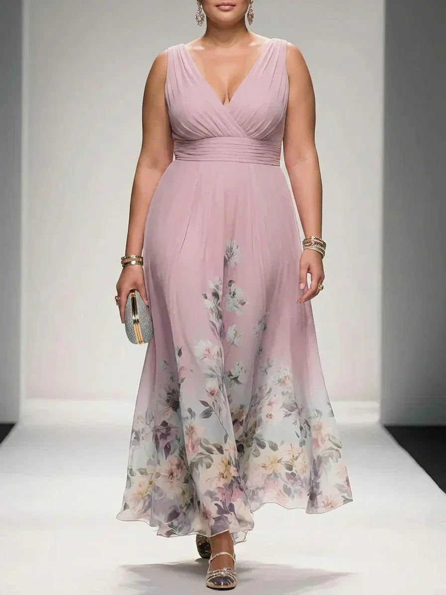 Salma | Lyseblå Blomster Chiffon V-Hals Maxi Kjole