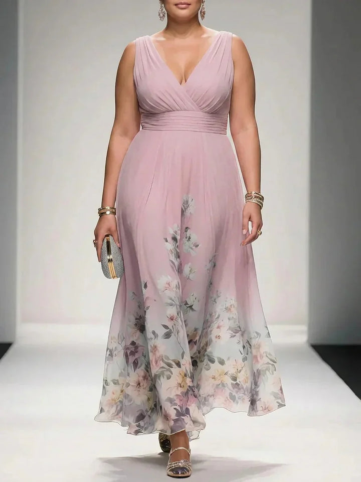 Salma | Lyseblå Blomster Chiffon V-Hals Maxi Kjole
