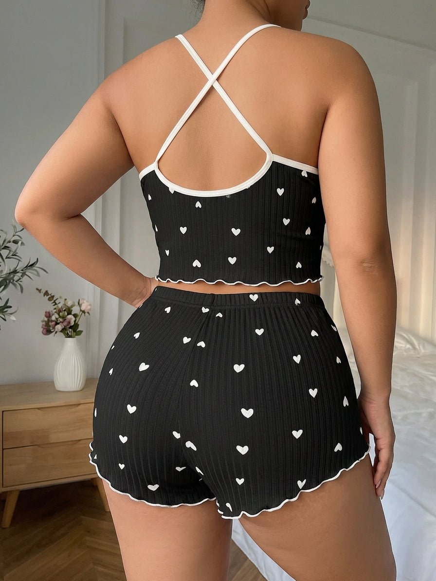 Yara | Hjerteprint Volang Trim Pyjamas Sæt