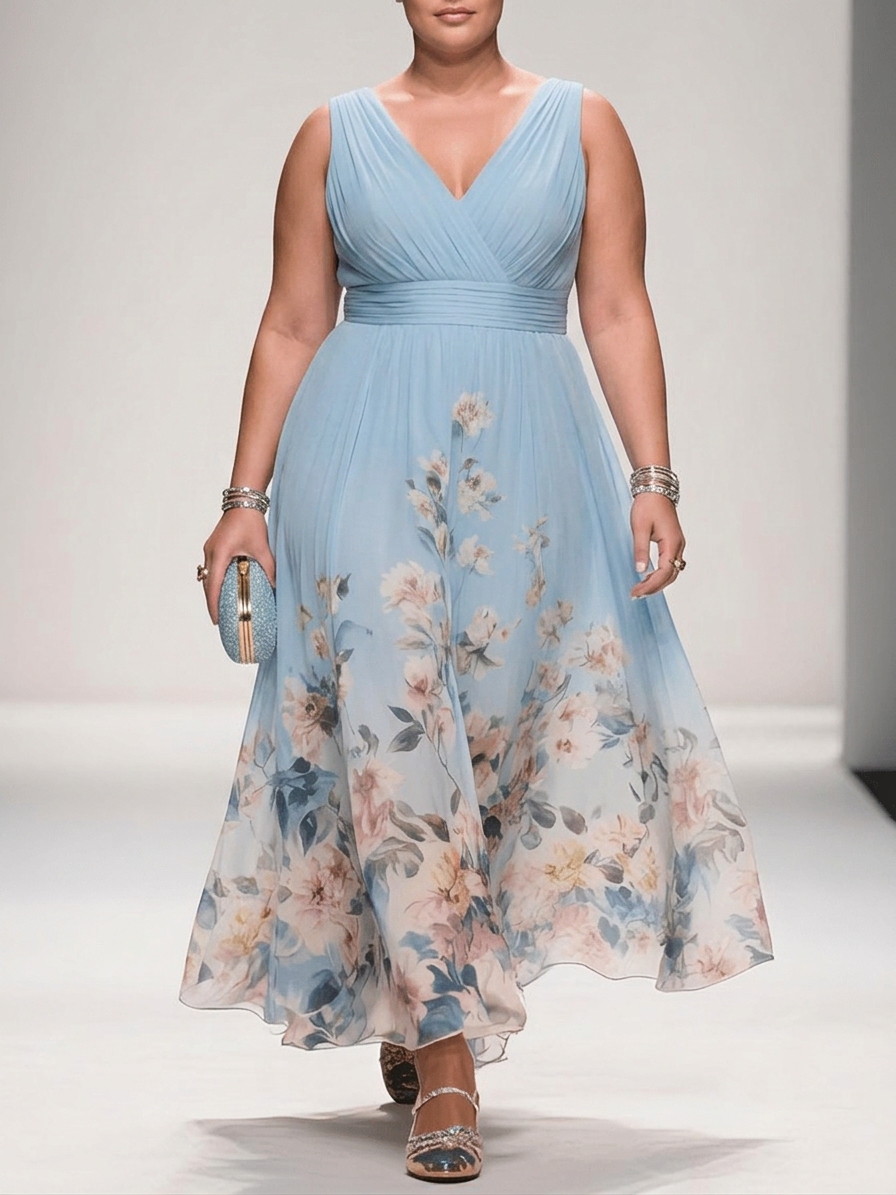 Salma | Lyseblå Blomster Chiffon V-Hals Maxi Kjole