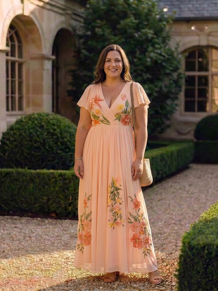 Cerys | V-hals Korte Ærmer Plisseret Blomster Maxi Kjole