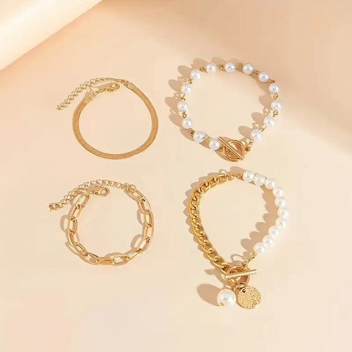 Fauna Gold 4-delt Armbåndsæt - Slange, Perler &amp; Links | Guld