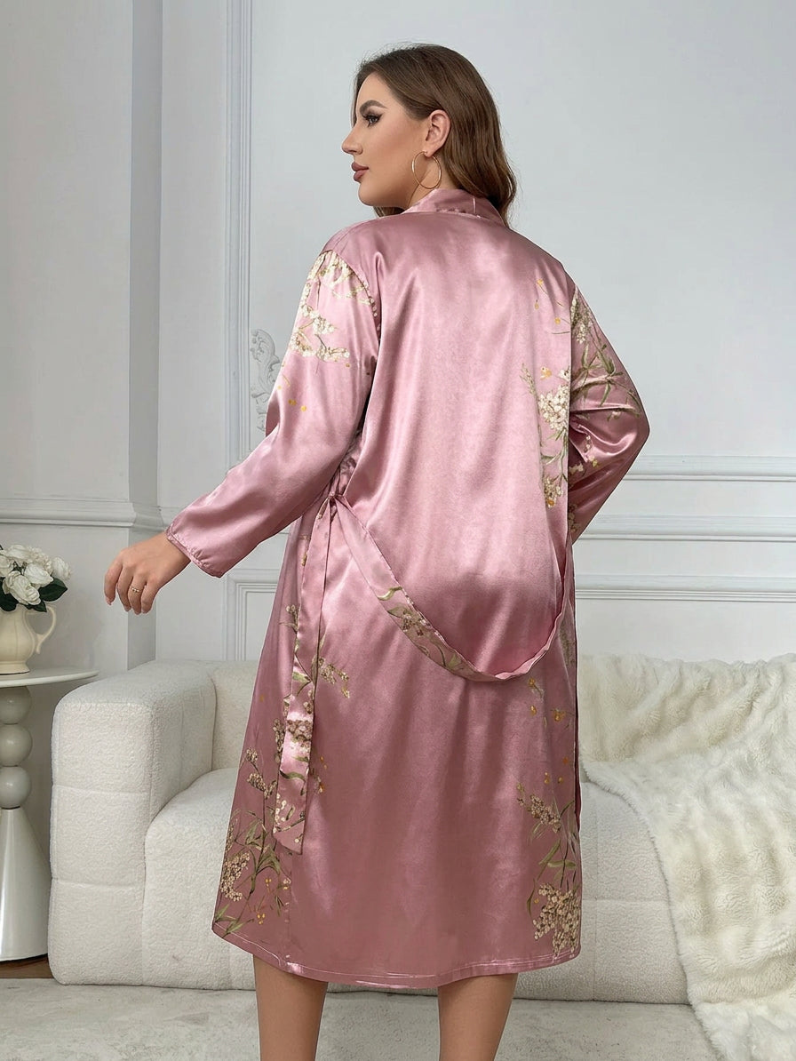 Vesper | 2-delt Floral Satin Top og Morgenkåbe Sæt
