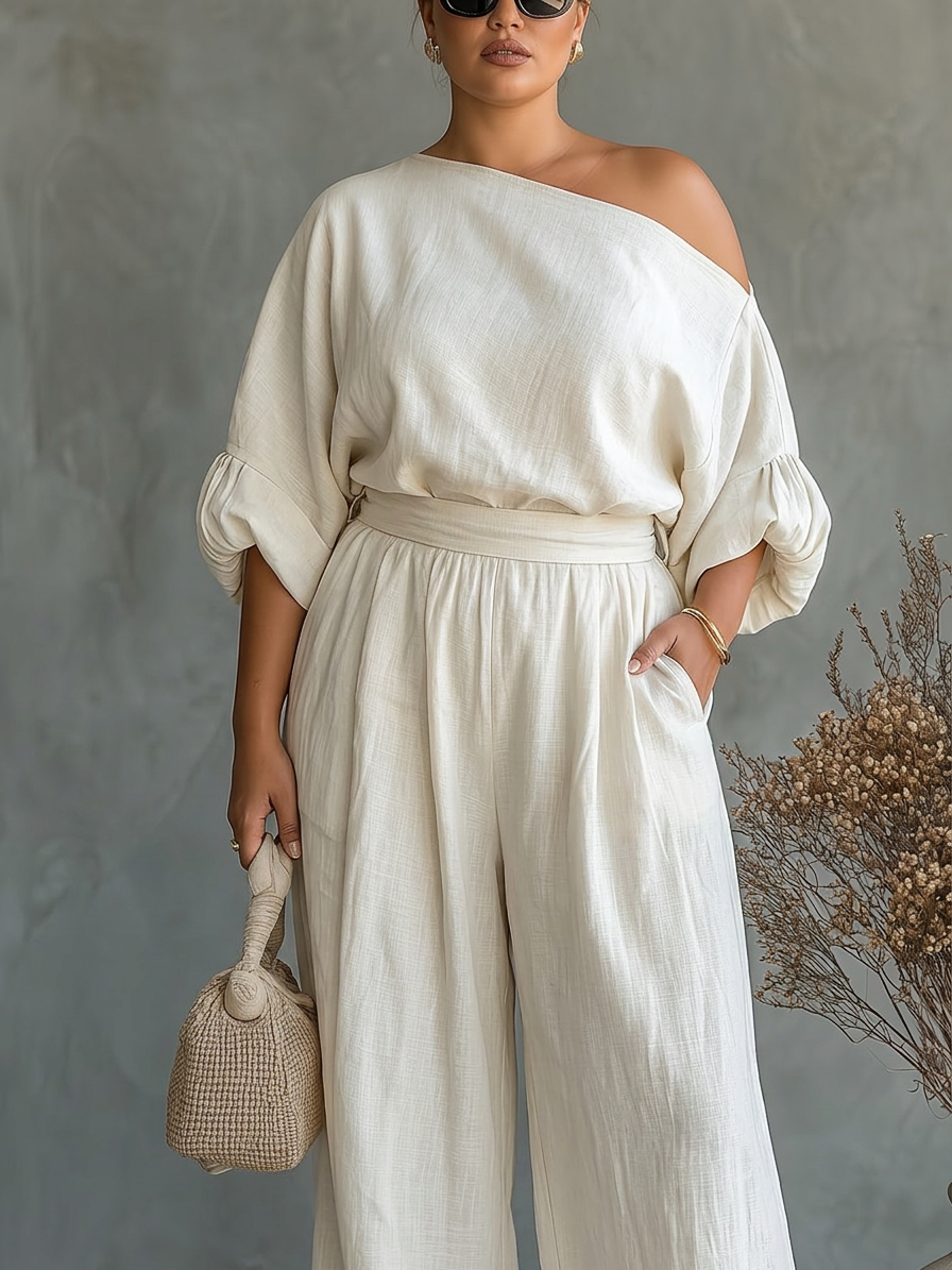 Kvinders Off-White Sæt med Off-Shoulder Top og Tapered Bukser