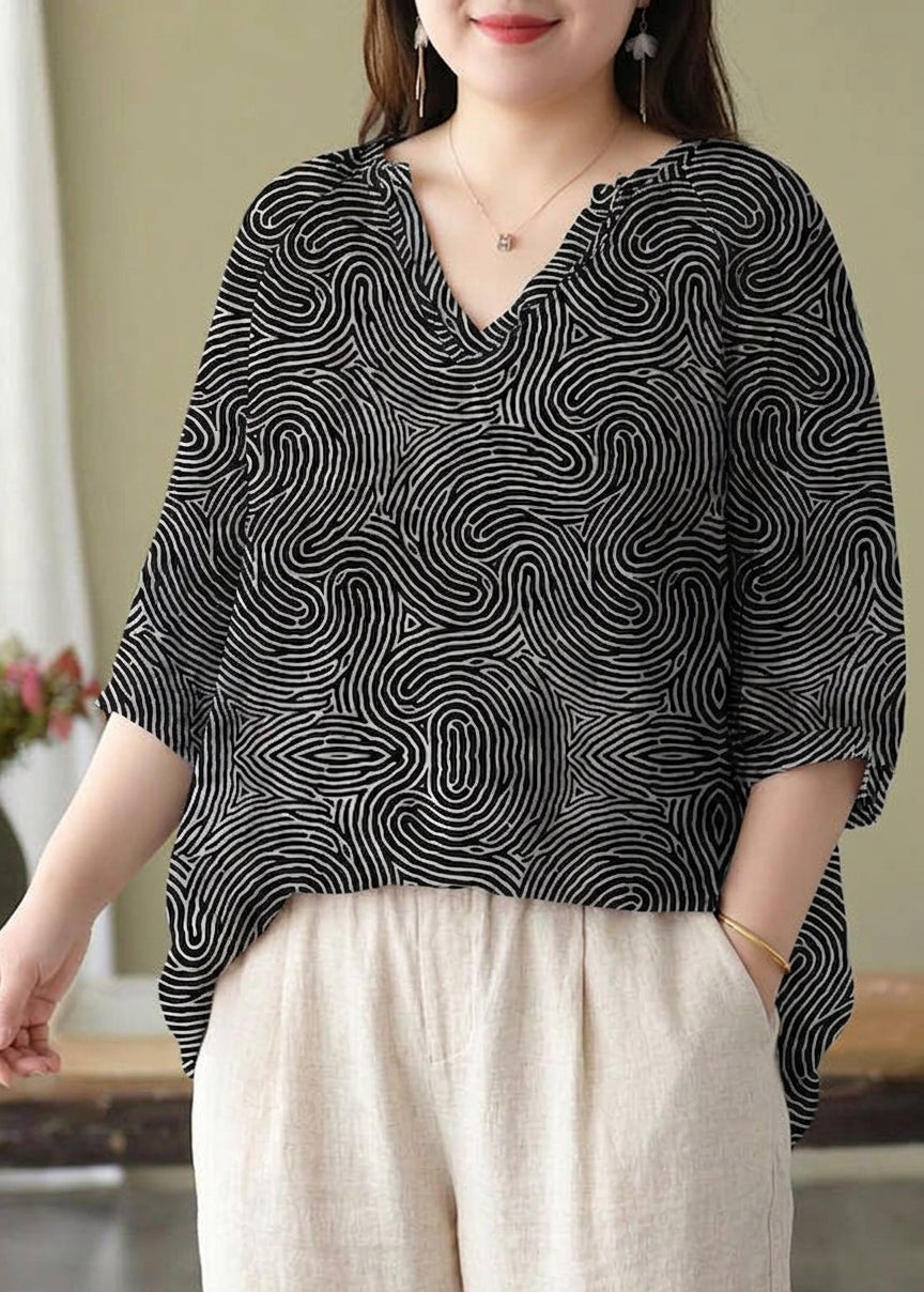 Estelle - Boutique Pink V-Hals Print Løs Efterår Halværmet Bluser