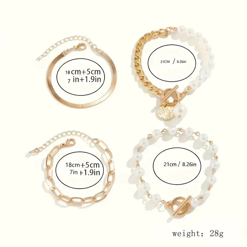 Fauna Gold 4-delt Armbåndsæt - Slange, Perler &amp; Links | Guld