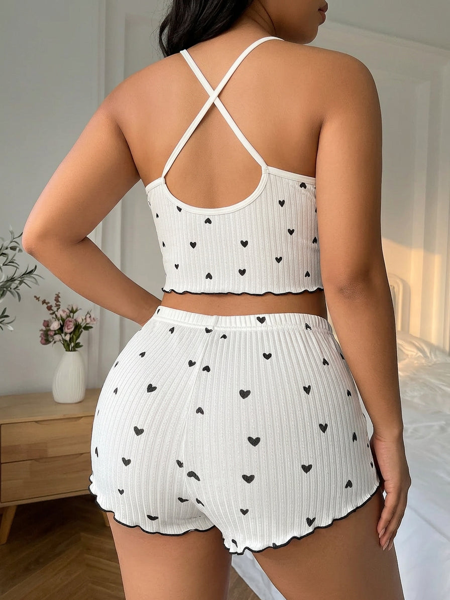 Yara | Hjerteprint Volang Trim Pyjamas Sæt