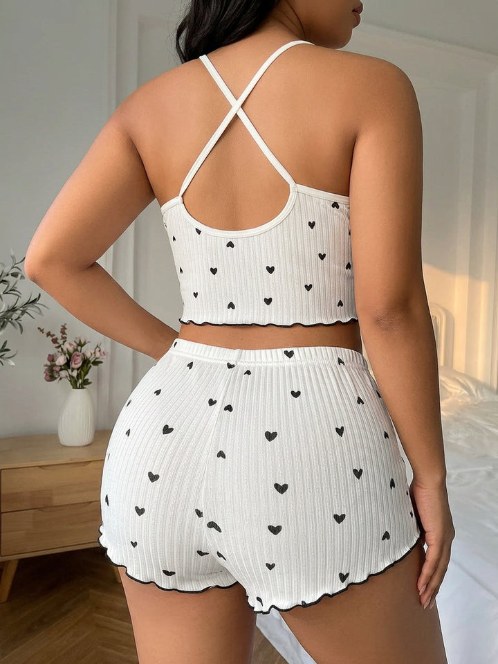 Yara | Hjerteprint Volang Trim Pyjamas Sæt