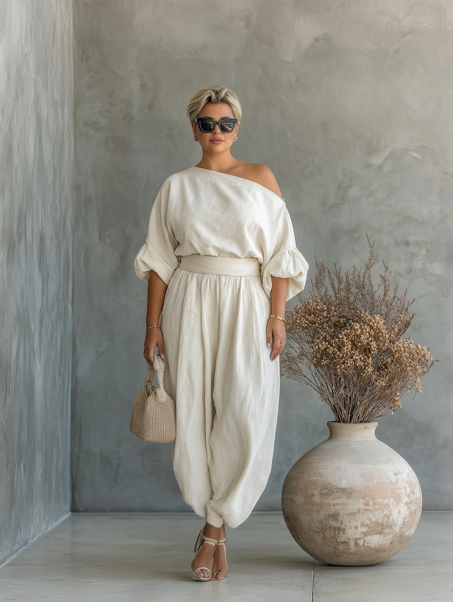 Kvinders Off-White Sæt med Off-Shoulder Top og Tapered Bukser