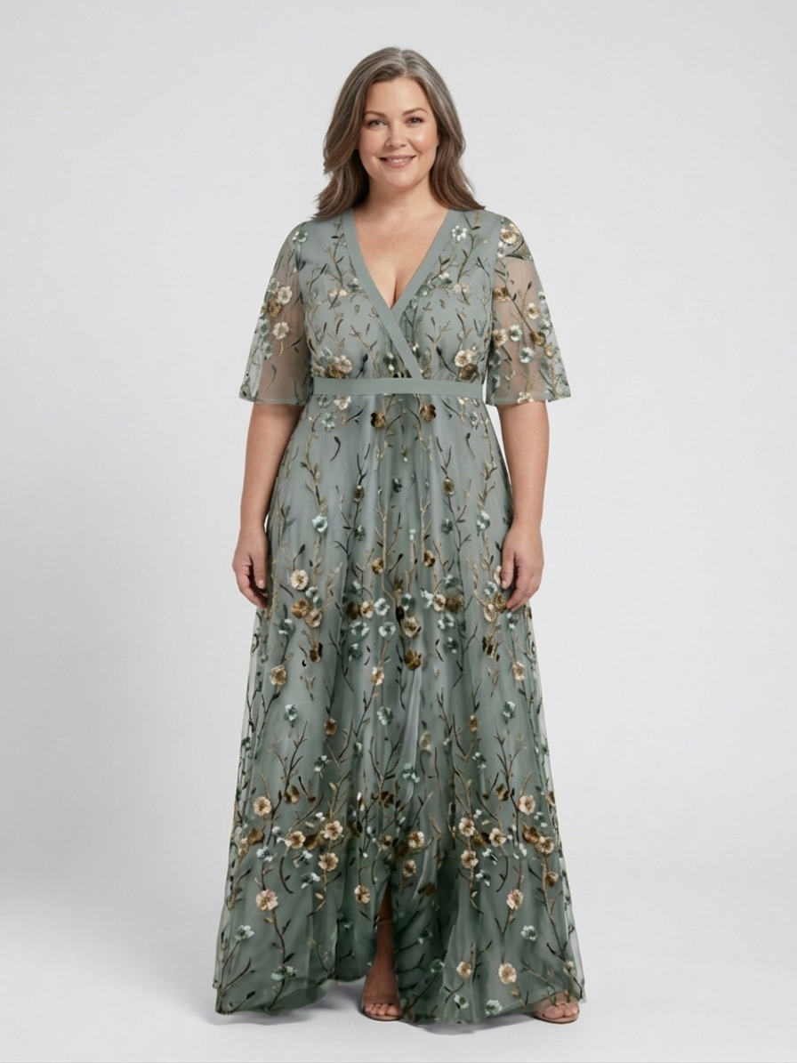 Honora | Floral V Hals Korte Ærmer Maxi Kjole