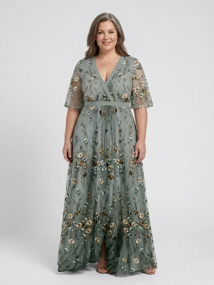 Honora | Floral V Hals Korte Ærmer Maxi Kjole