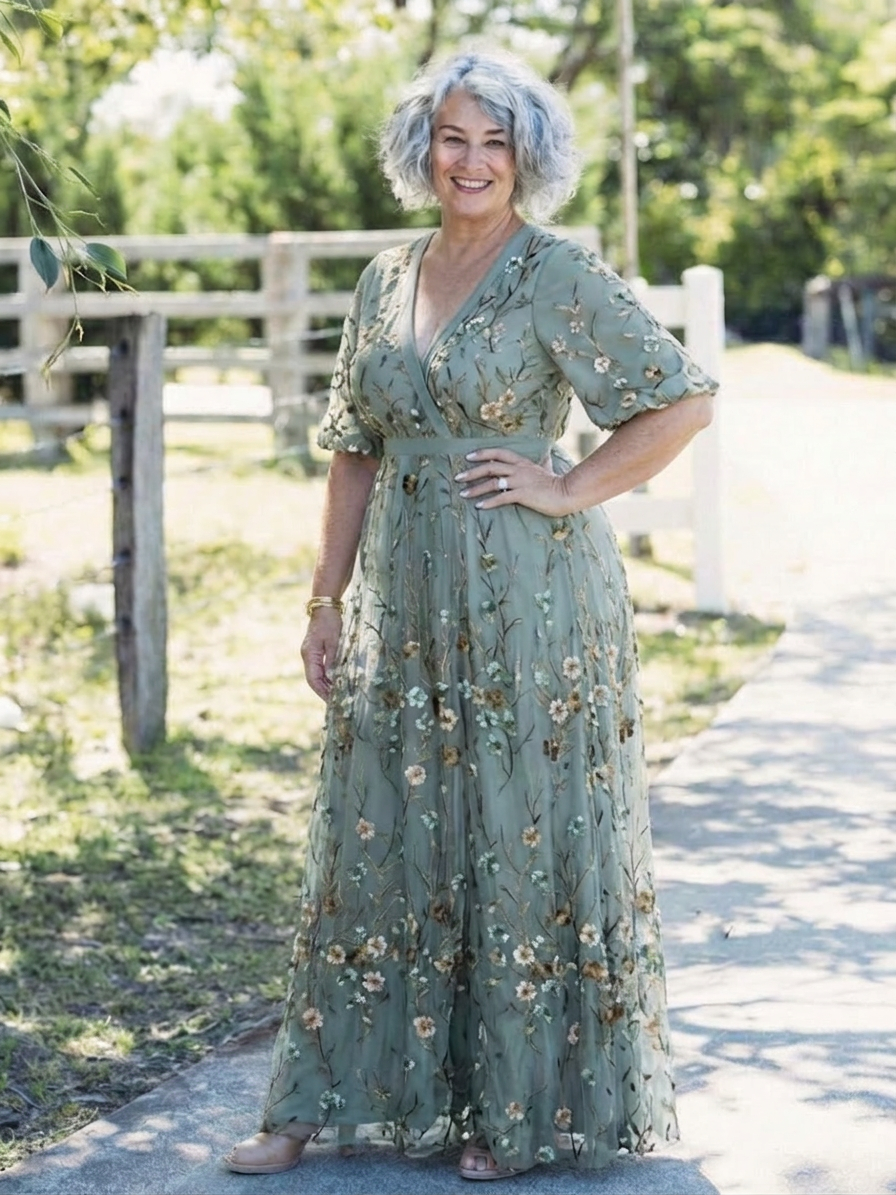Honora | Floral V Hals Korte Ærmer Maxi Kjole