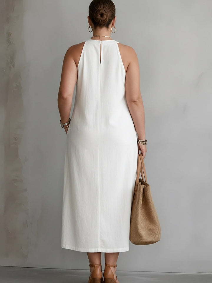 Galina | Linned midi kjole med mandarin krave