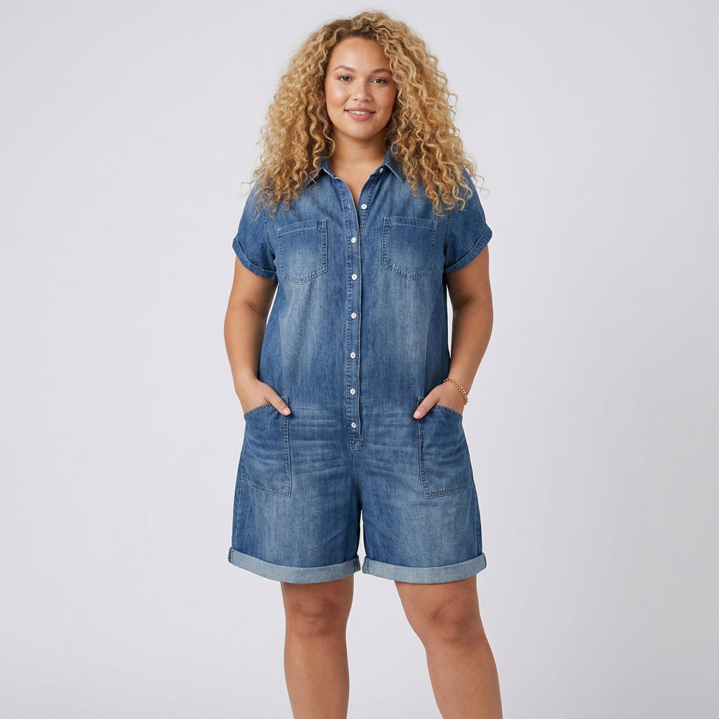 Katya | Vintage Kort Bomulds Denim-Look Overalls