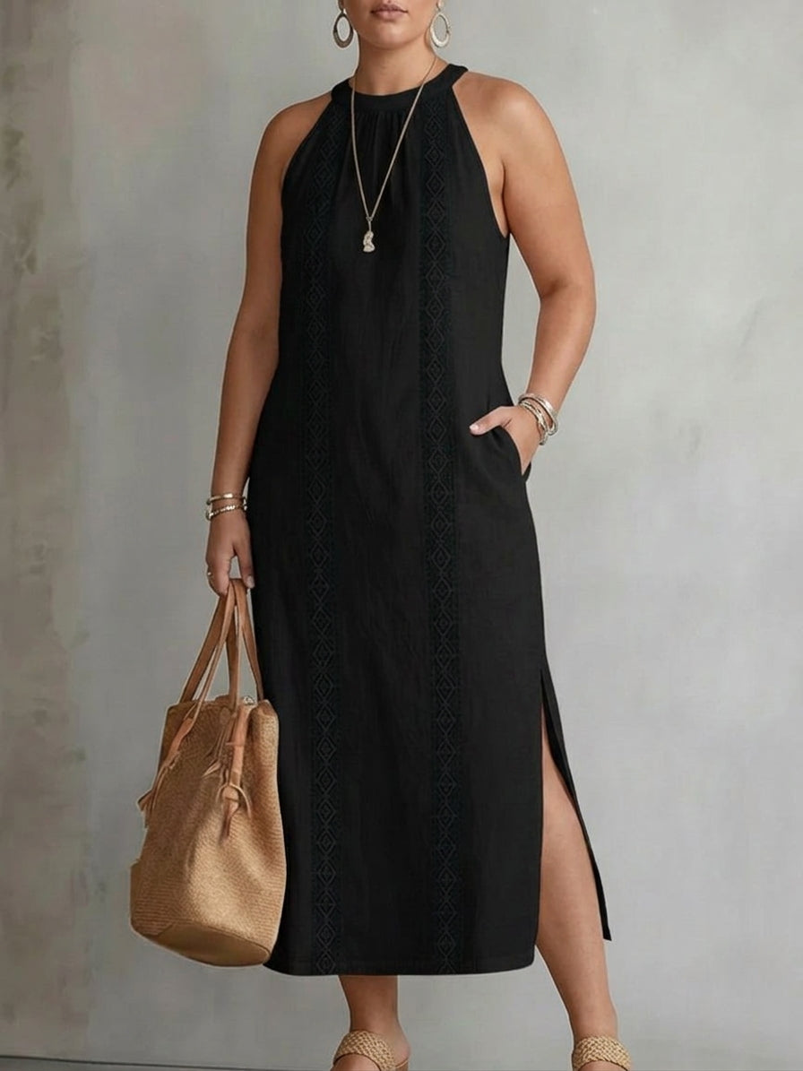 Galina | Linned midi kjole med mandarin krave