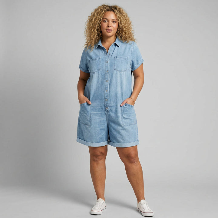 Katya | Vintage Kort Bomulds Denim-Look Overalls
