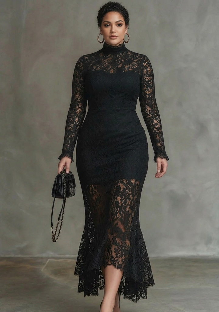 Elegant Sort Strækbar Blonde Fishtail Maxi Kjole