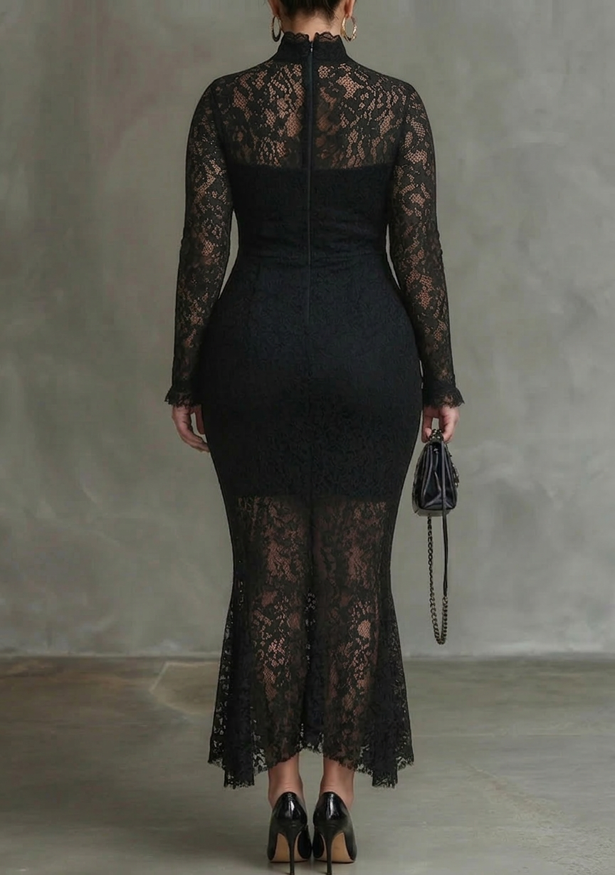 Elegant Sort Strækbar Blonde Fishtail Maxi Kjole