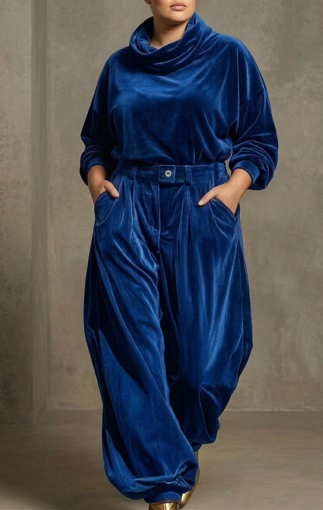 Vintage brun velour hoodie og løse bukser sæt (Inkluderer bælte)