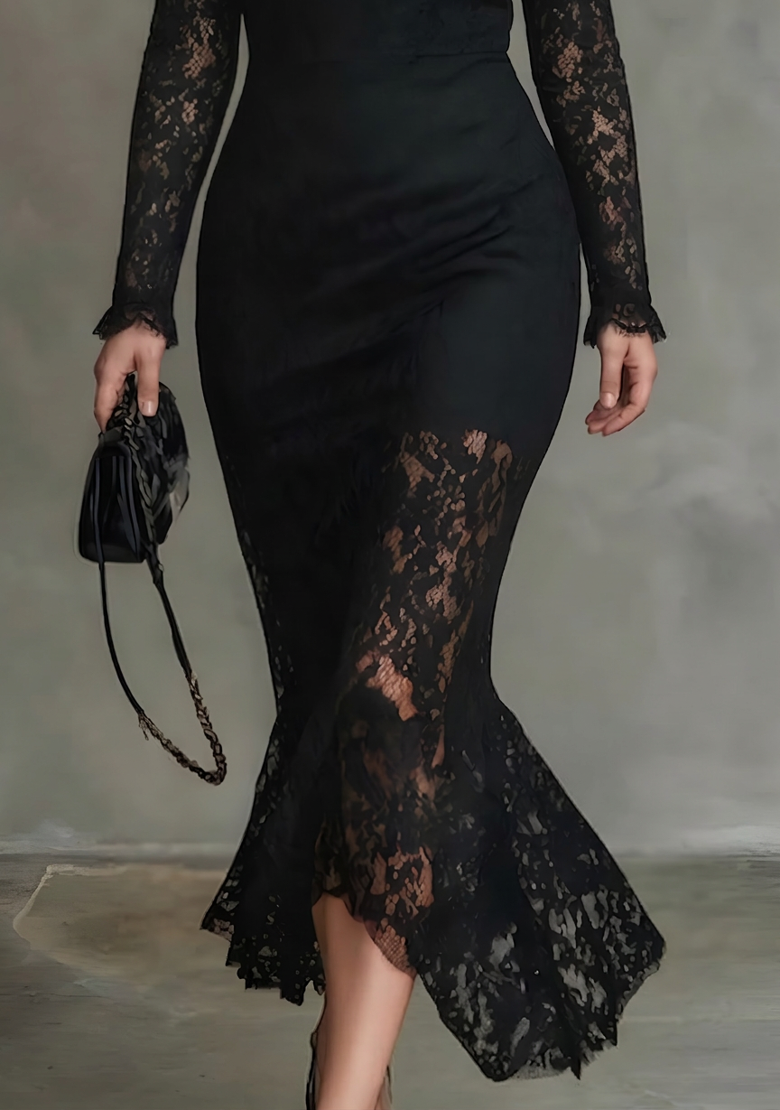 Elegant Sort Strækbar Blonde Fishtail Maxi Kjole