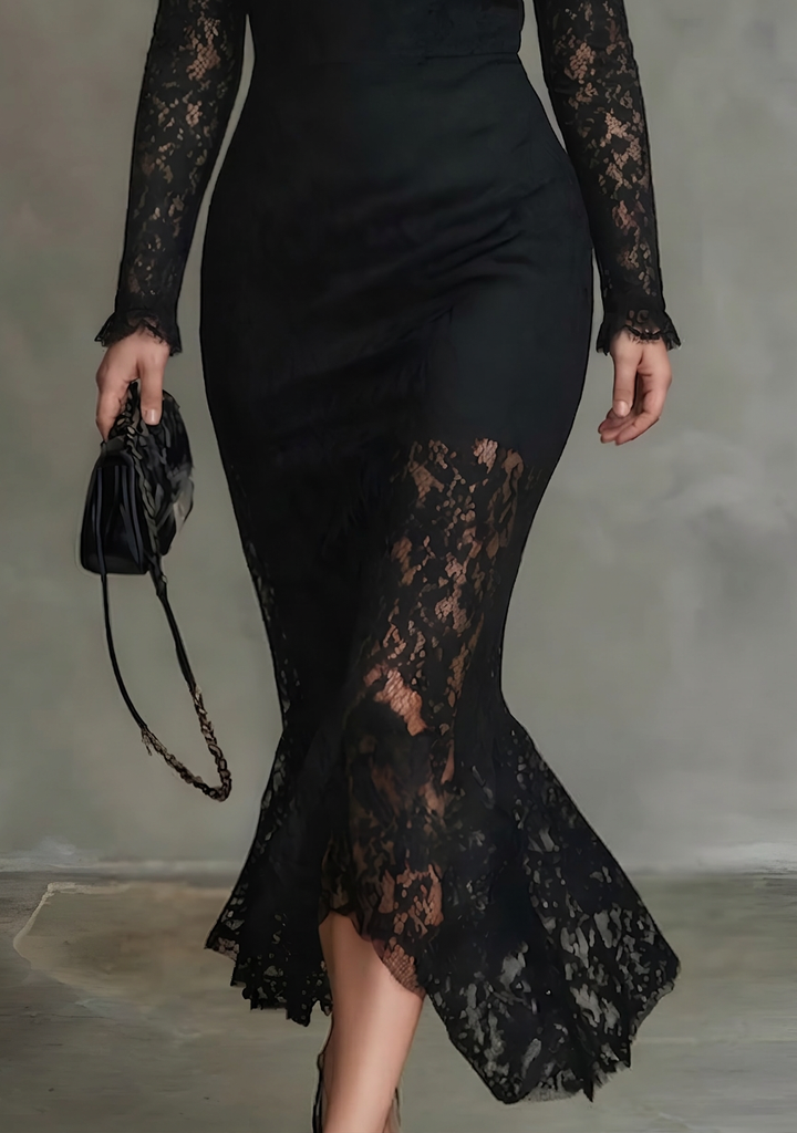 Elegant Sort Strækbar Blonde Fishtail Maxi Kjole
