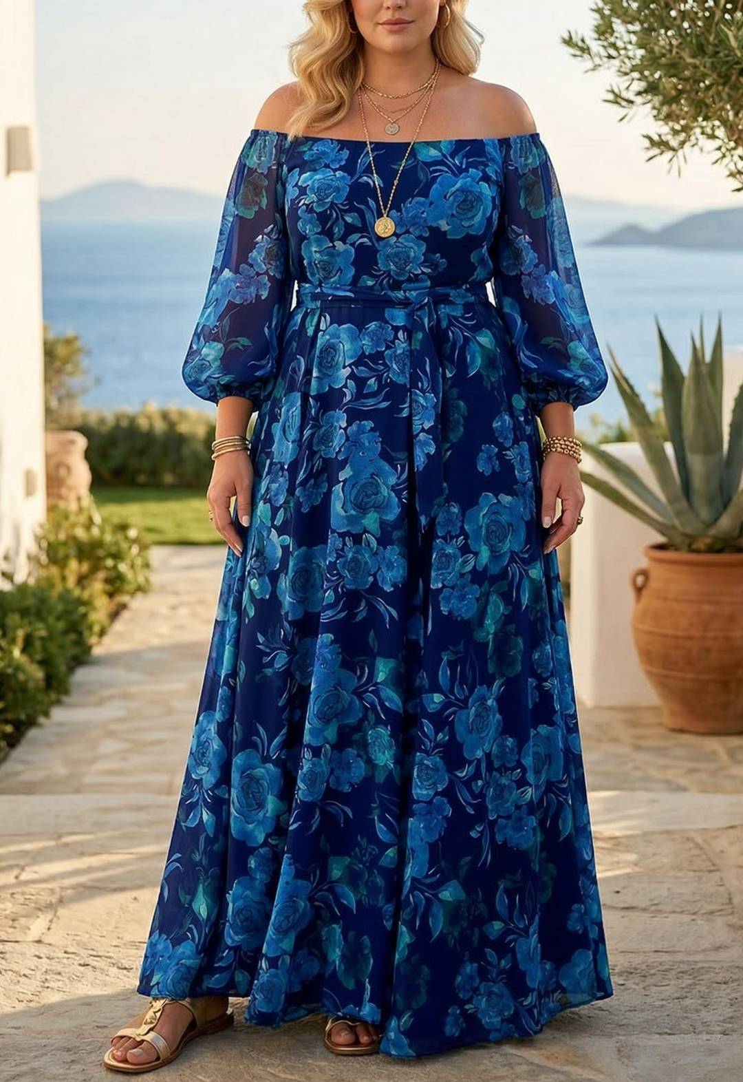 Aisha - Lang kjole med blomsterprint og off-the-shoulder ærmer