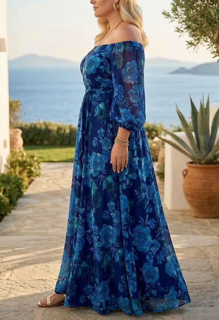 Aisha - Lang kjole med blomsterprint og off-the-shoulder ærmer