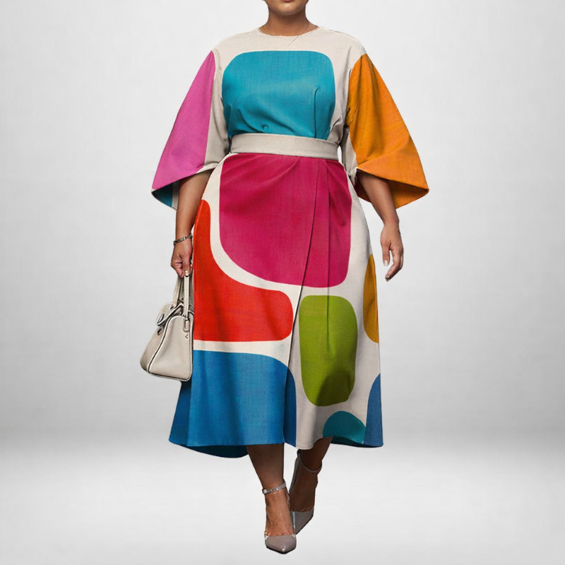 NELL | Abstrakt Colorblock Midi med Skulptureret Talje og Flydende Elegance