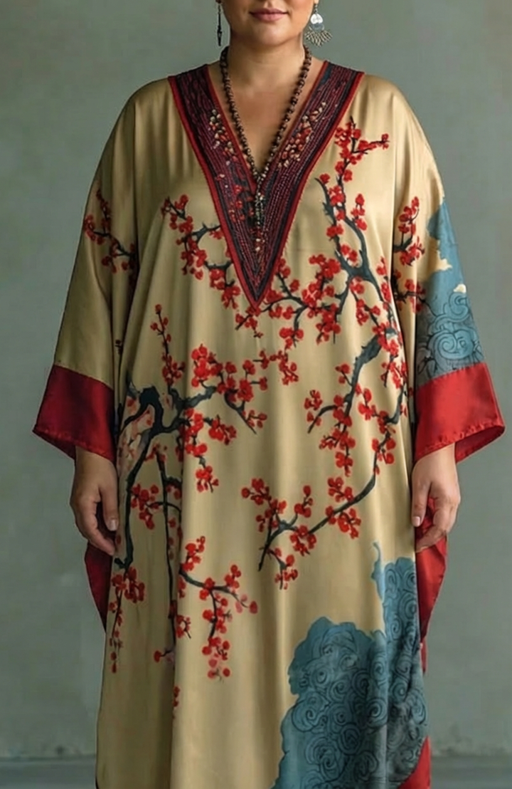 Nadia | Japansk Rød Blommeblomst Maxi Kjole med Flagermusærmer og Print
