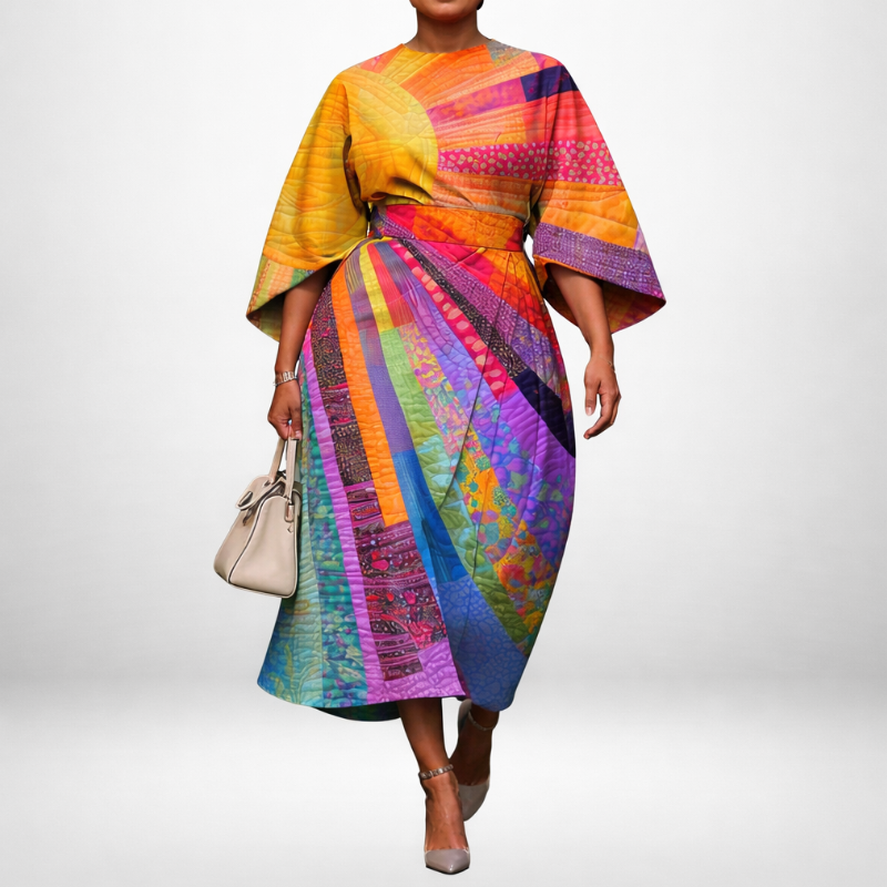 EVADNE | Patchwork Midi med Skulptureret Talje og Udsmykkede Ærmer