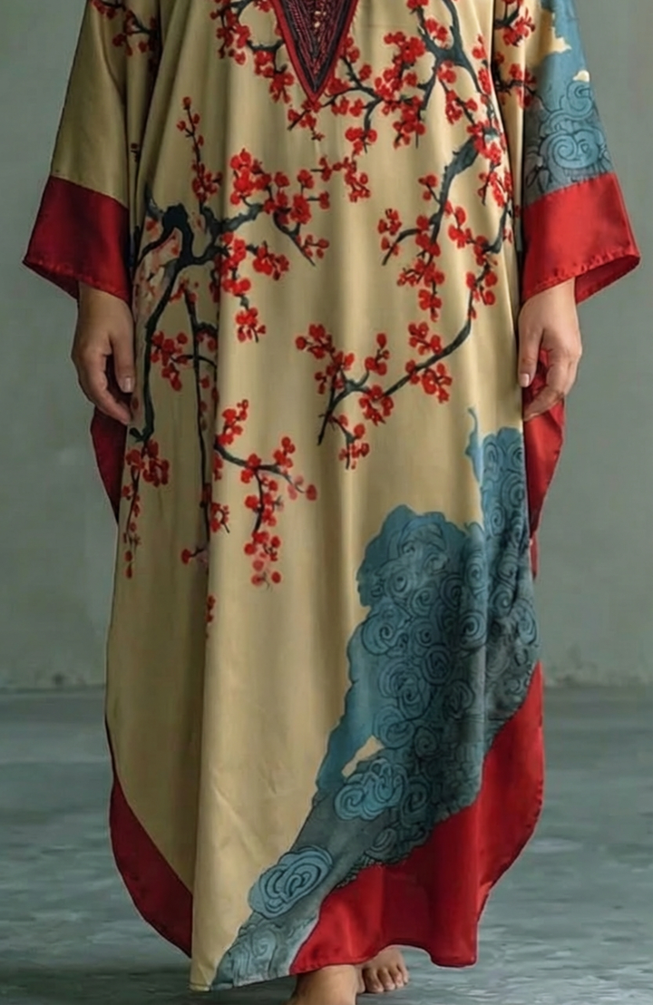 Nadia | Japansk Rød Blommeblomst Maxi Kjole med Flagermusærmer og Print