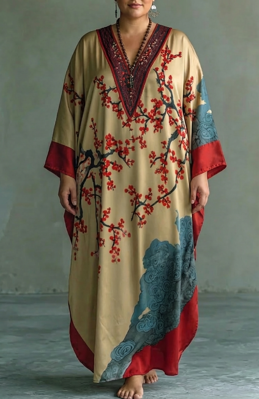 Nadia | Japansk Rød Blommeblomst Maxi Kjole med Flagermusærmer og Print