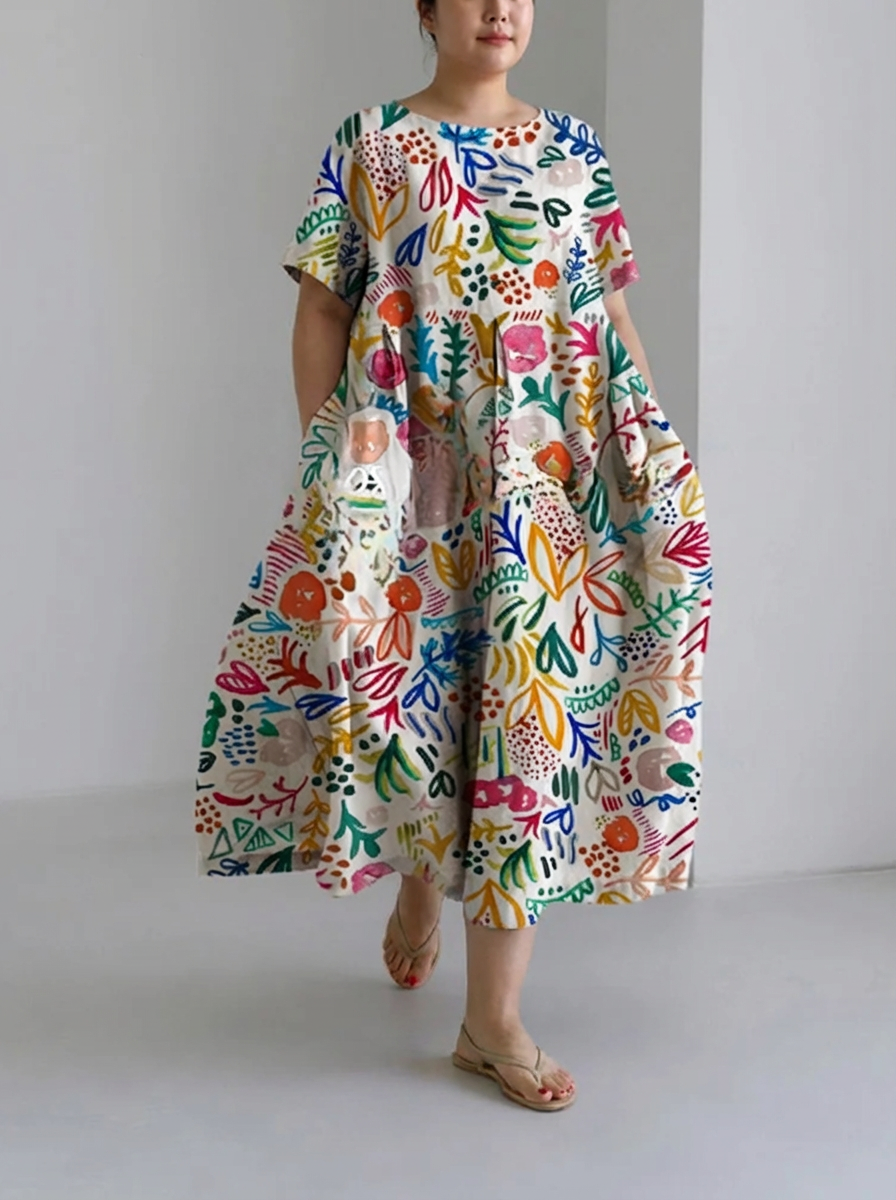 Solveig | Fritids Sommer Flory Print Løs Rund Hals Medium Længde Skørt Kjole