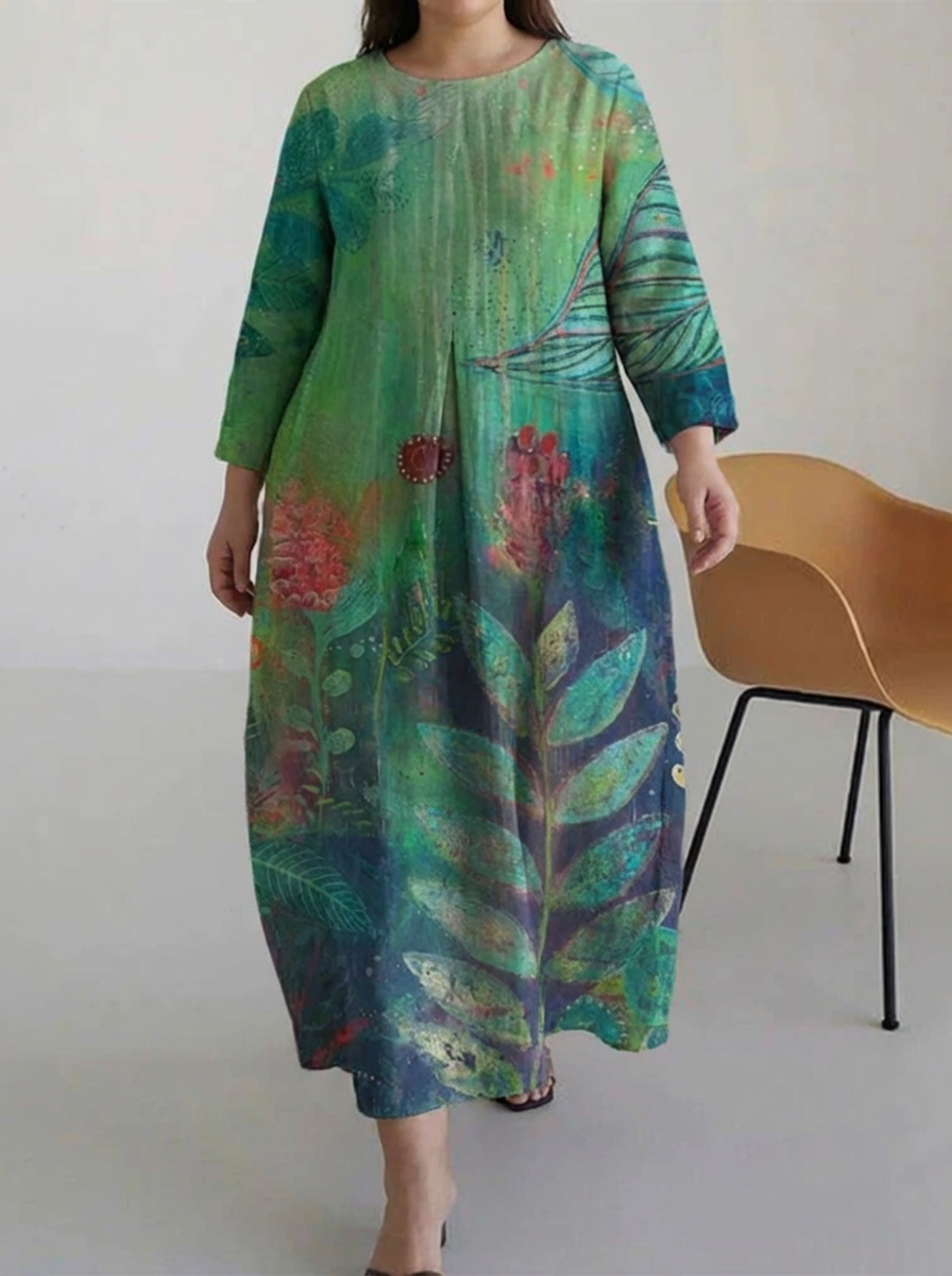 Lark | Casual Multi Leaves Print Langærmet Midi Kjole