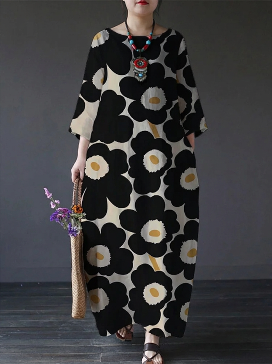 Rosa | Casual Sort Flory Print Løs Rund Hals Medium Længde Kjole